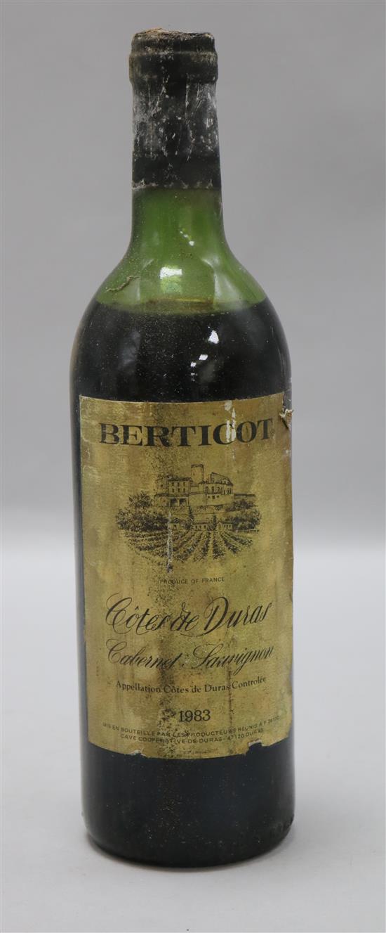 Eighteen bottles of Duc de Berticot Cotes de Duras, 1985 and eight similar cabernet sauvignon, 1983.